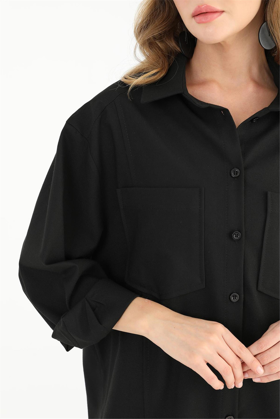 Cep Detaylı  Siyah Gömlek