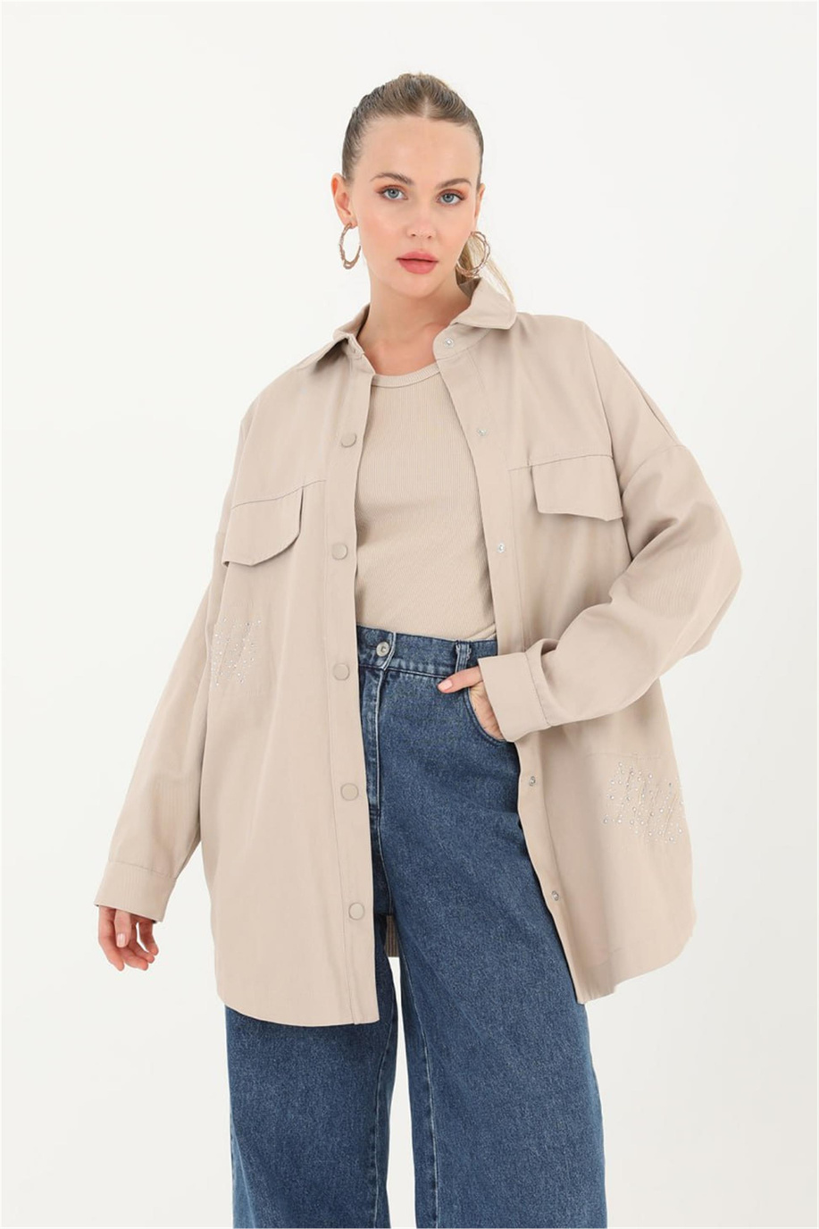 Cepli Taşlı Vizon Ceket