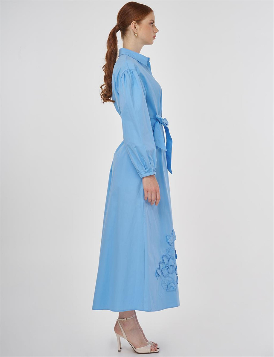 Çiçek Aplikeli Pamuklu Elbise Toz Duman