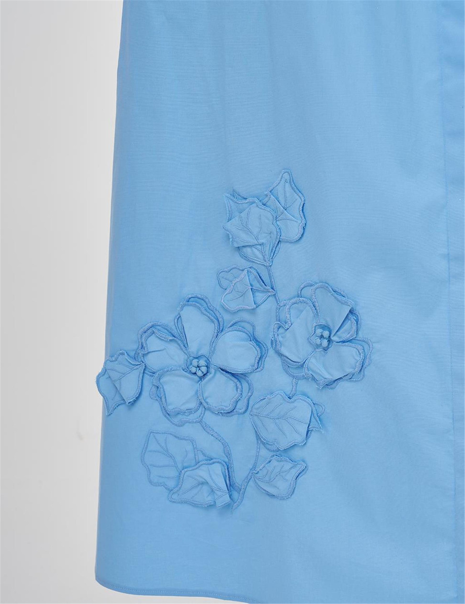 Çiçek Aplikeli Pamuklu Elbise Toz Duman