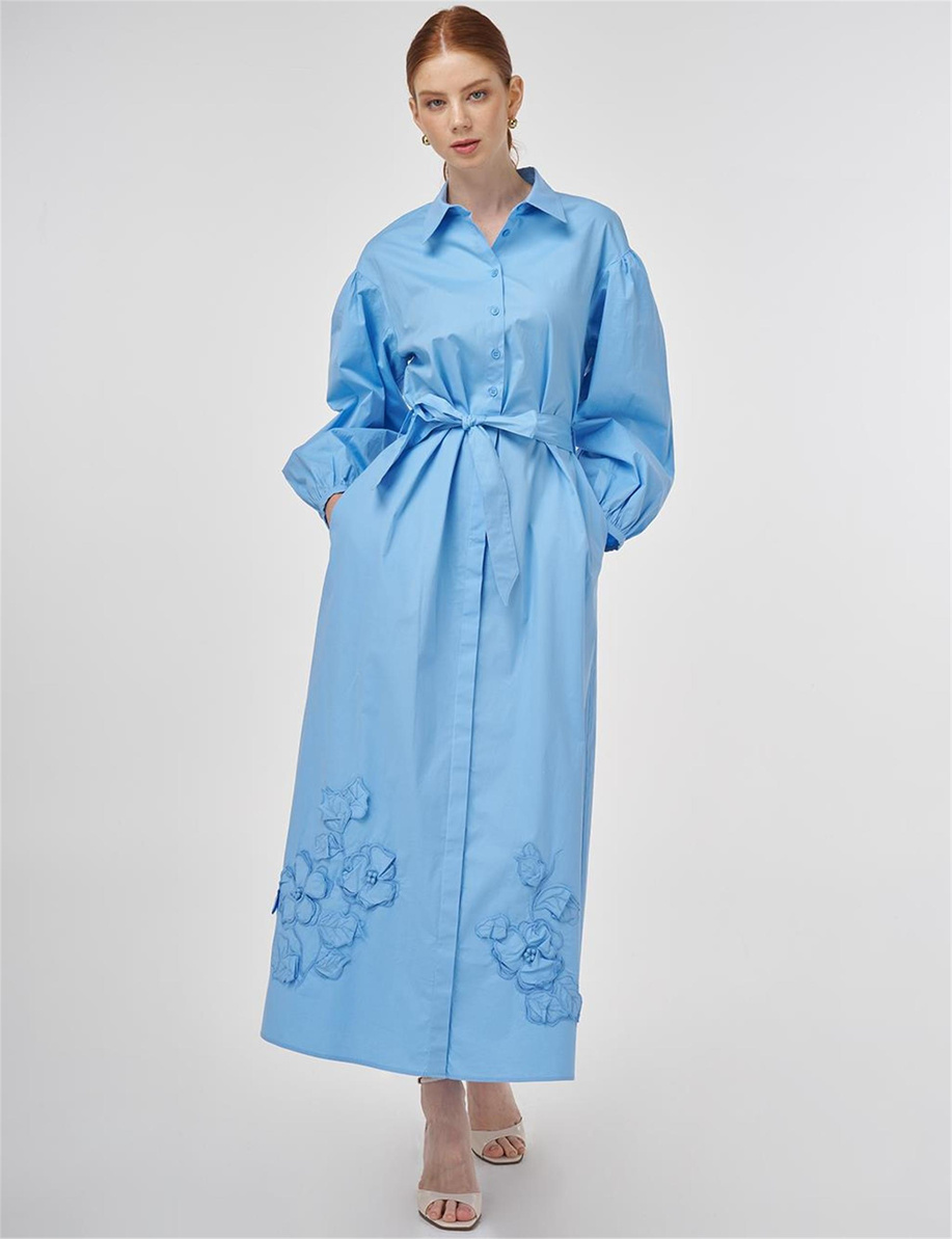 Çiçek Aplikeli Pamuklu Elbise Toz Duman