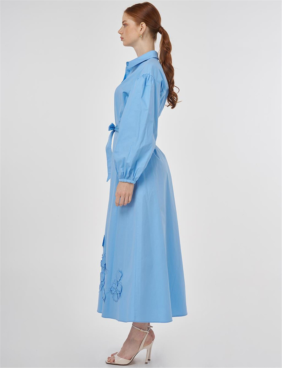 Çiçek Aplikeli Pamuklu Elbise Toz Duman