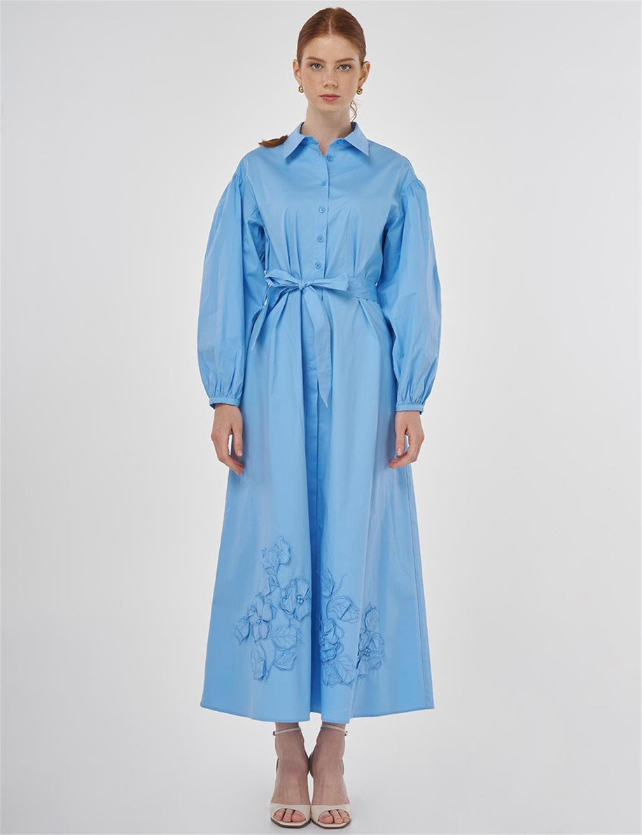 Çiçek Aplikeli Pamuklu Elbise Toz Duman