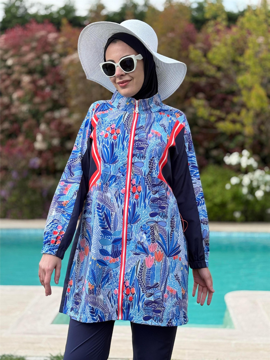 Çiçek Desenli Garnili Tesettür Mayo Lacivert