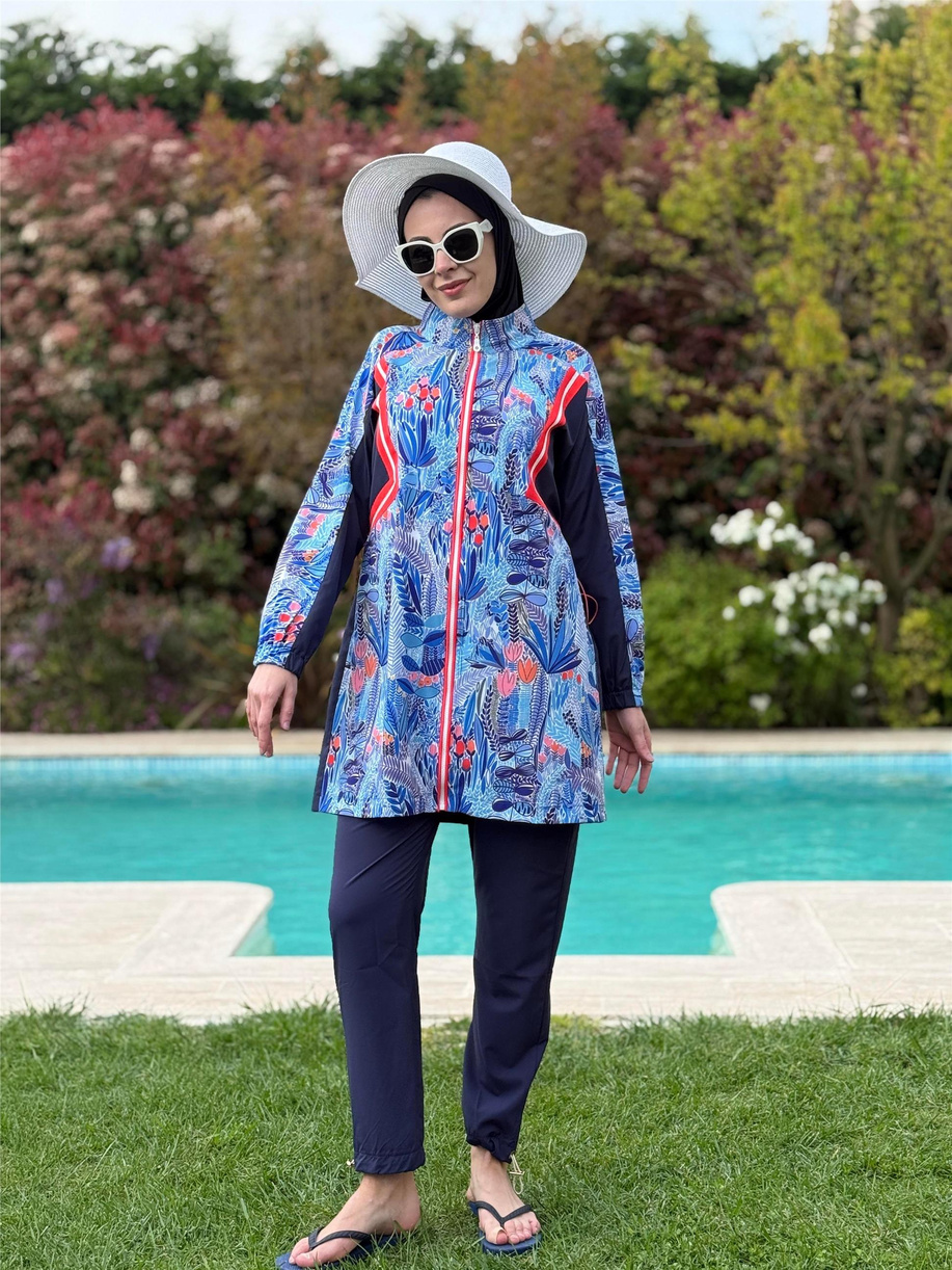 Çiçek Desenli Garnili Tesettür Mayo Lacivert