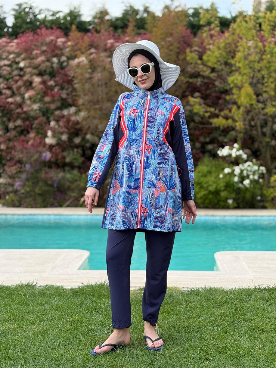 Çiçek Desenli Garnili Tesettür Mayo Lacivert