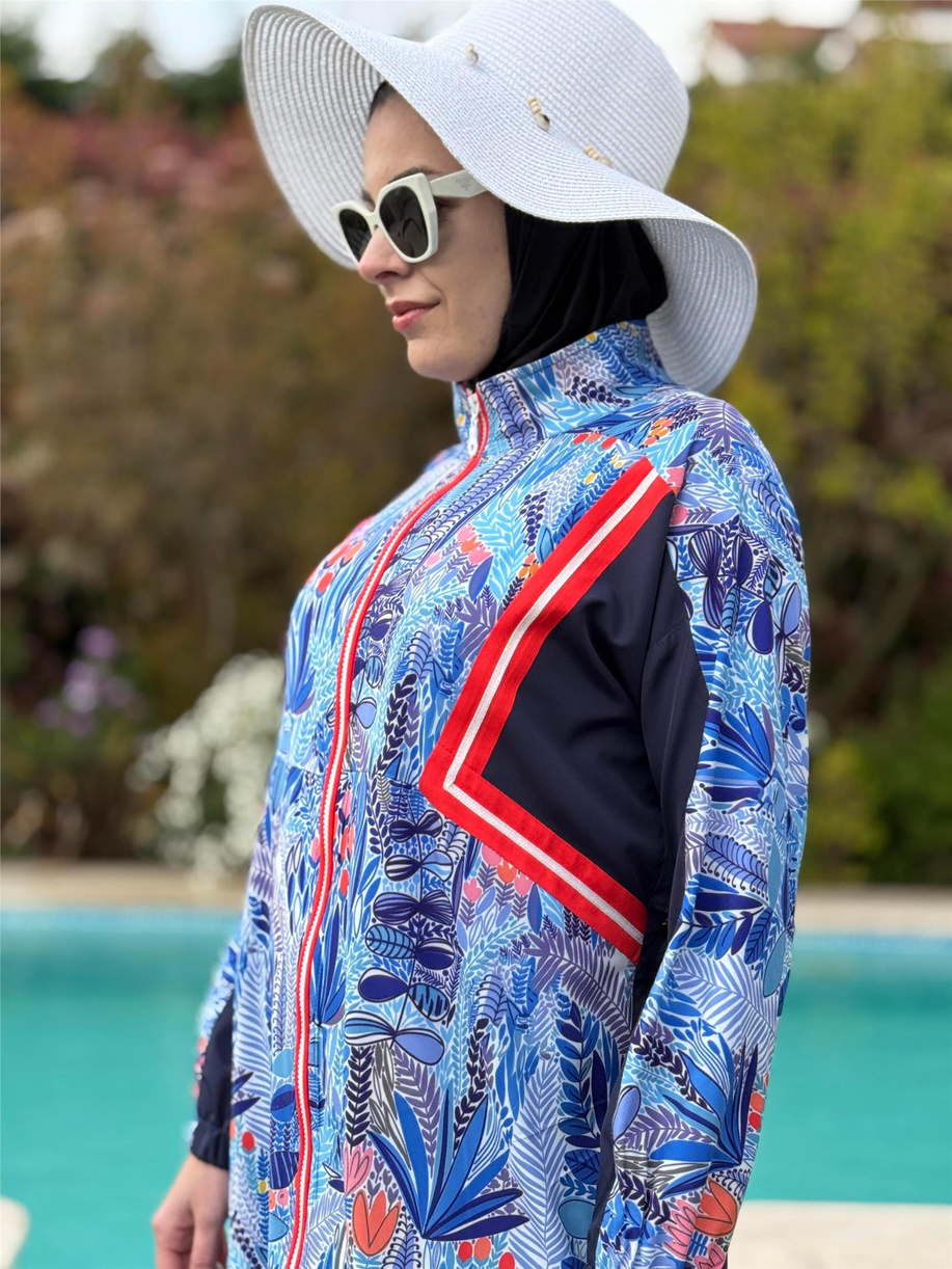 Çiçek Desenli Garnili Tesettür Mayo Lacivert