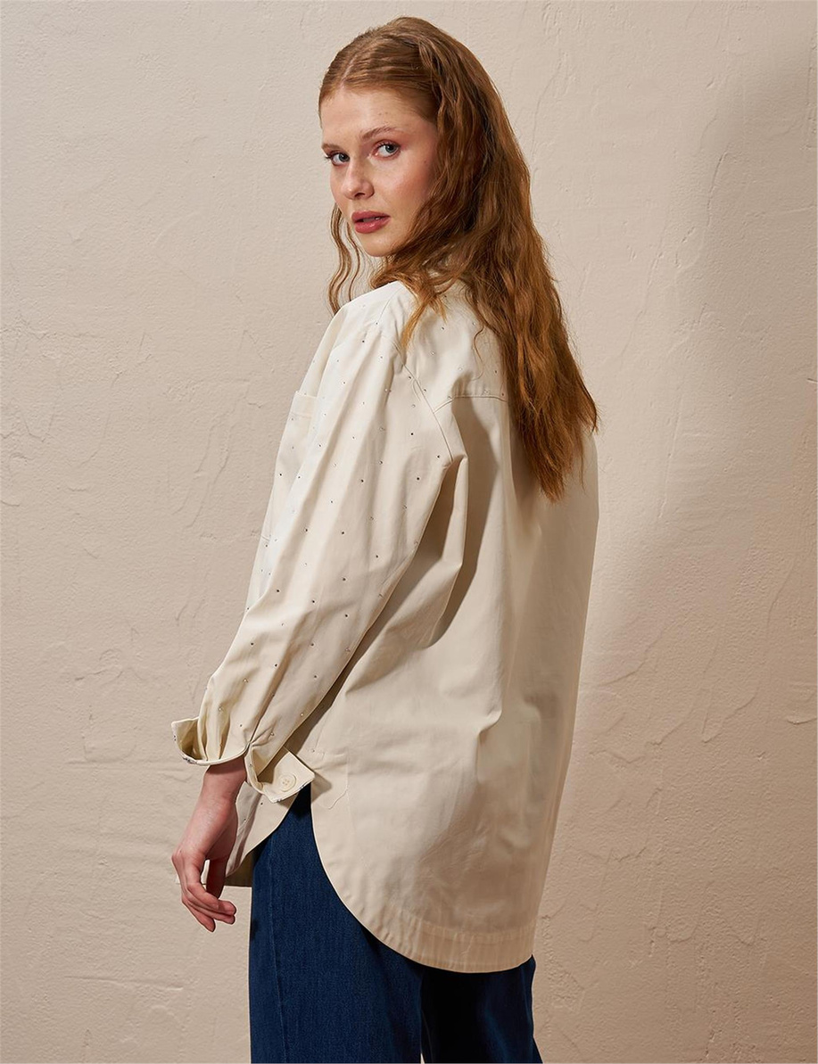 Çift Cepli Hotfix Baskılı Bluz Krem - KA-B25-11017