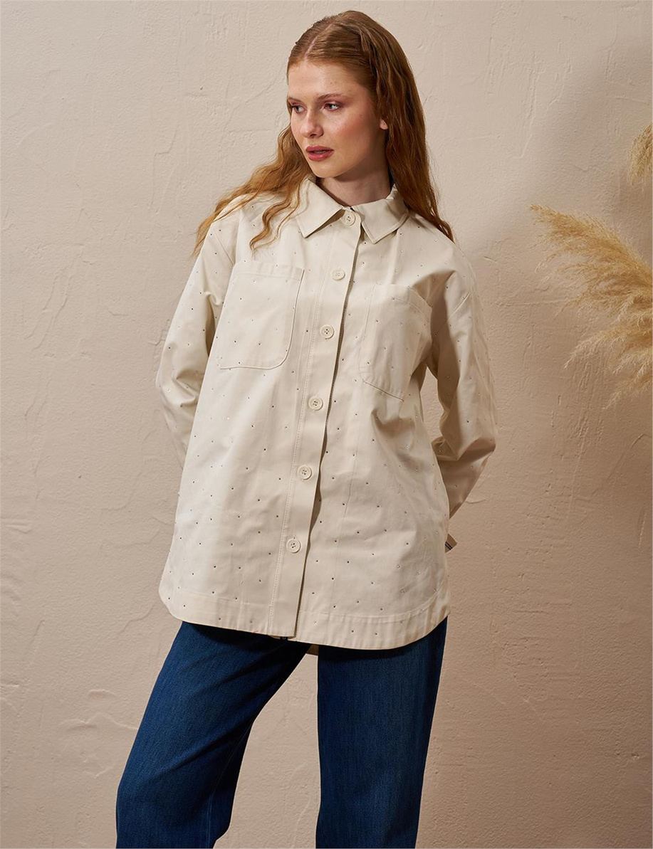 Çift Cepli Hotfix Baskılı Bluz Krem - KA-B25-11017