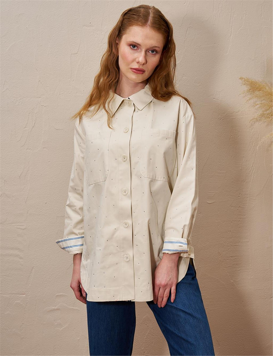 Çift Cepli Hotfix Baskılı Bluz Krem - KA-B25-11017