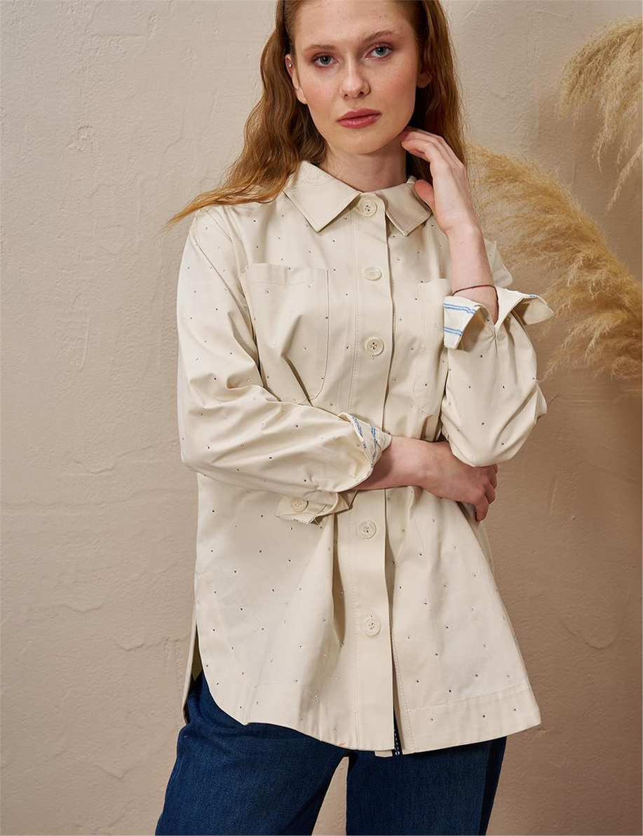 Çift Cepli Hotfix Baskılı Bluz Krem - KA-B25-11017