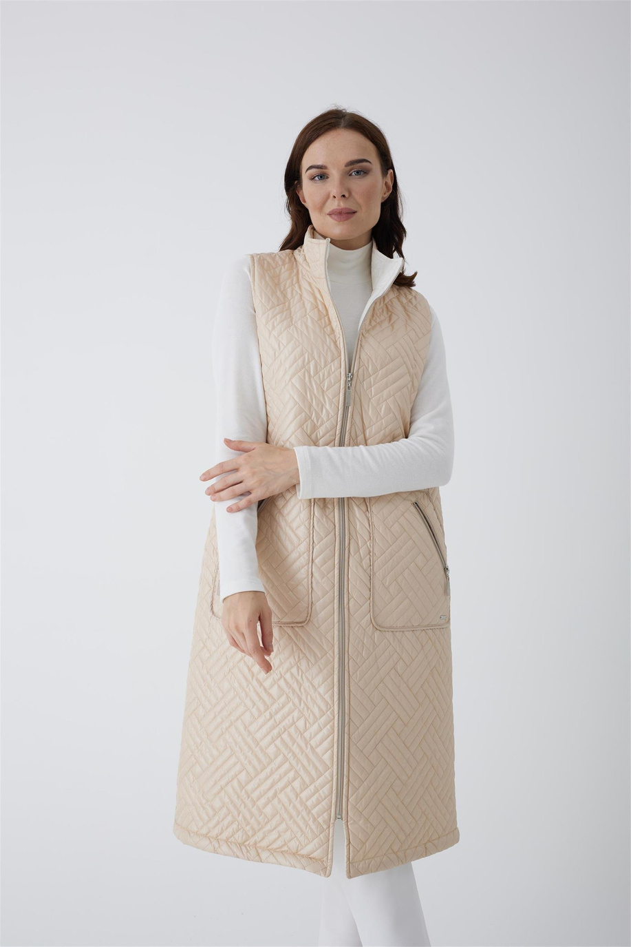 Çift Taraflı Uzun Bej Yelek