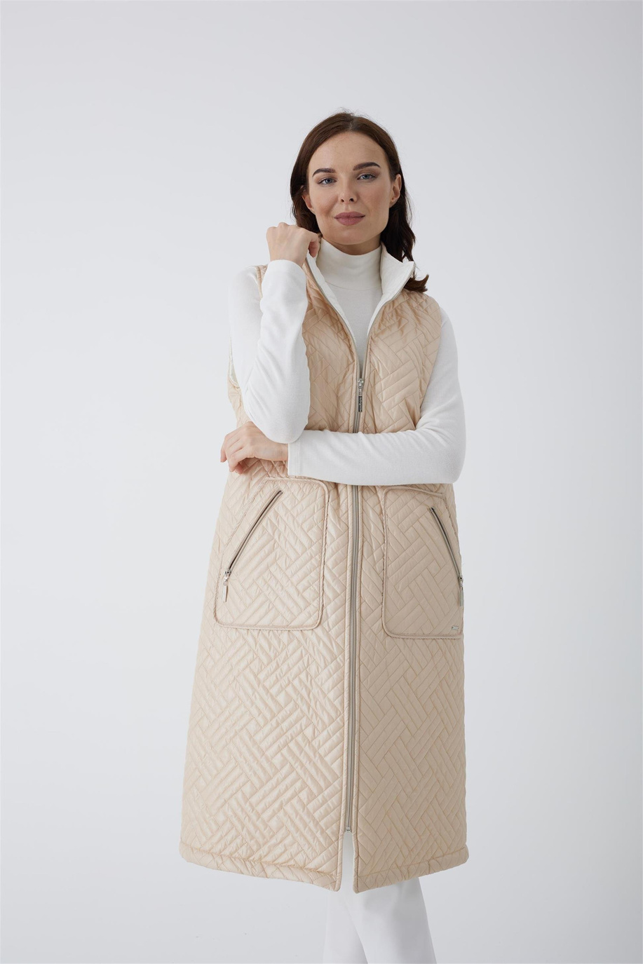 Çift Taraflı Uzun Bej Yelek