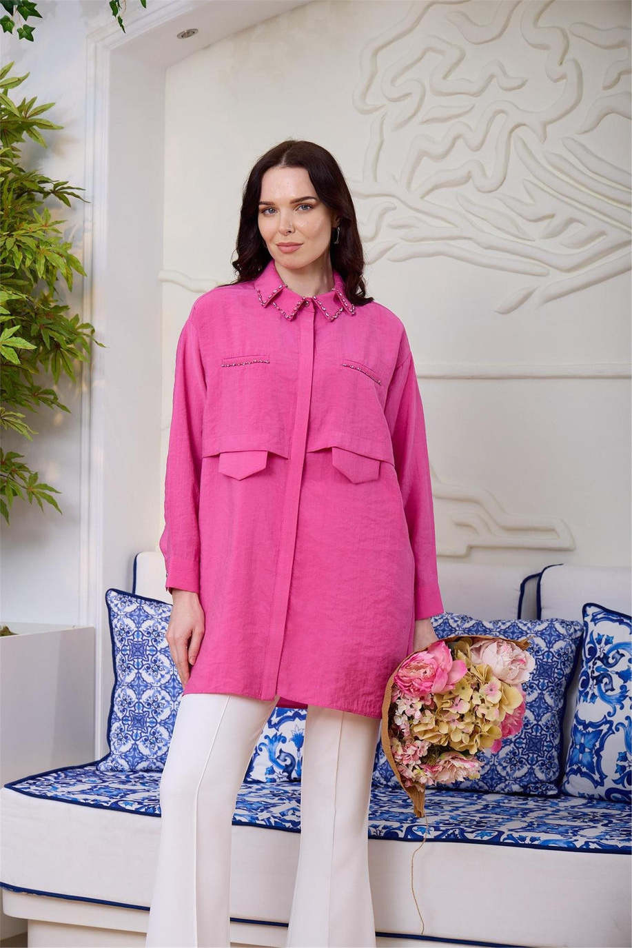 Çift Yakalı Taşlı Fuşya Gömlek