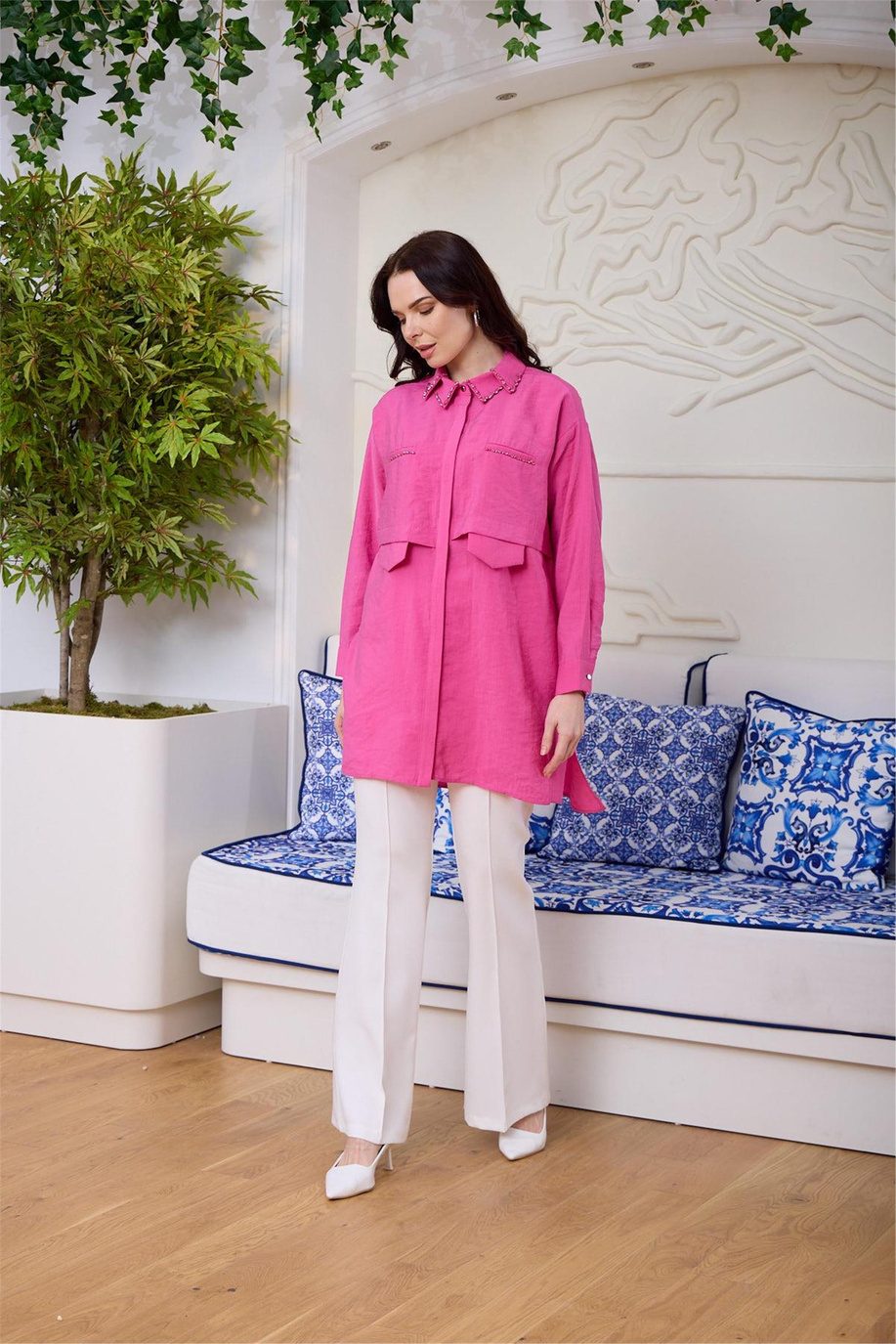 Çift Yakalı Taşlı Fuşya Gömlek