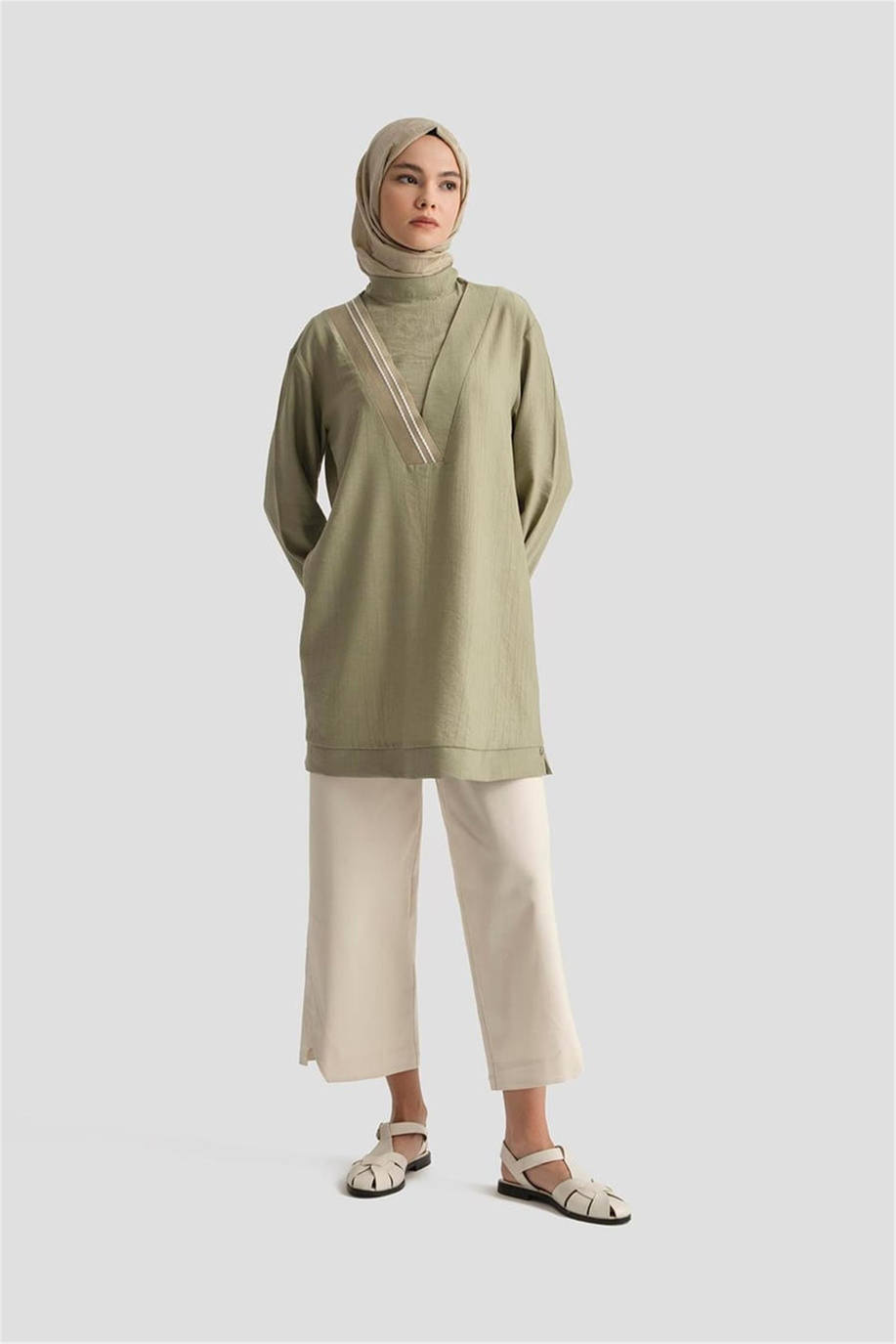 Çilek Kumaş Kolları Ribanalı Tunik Küf Yeşili - 25YT4143