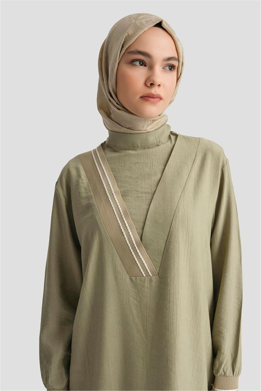 Çilek Kumaş Kolları Ribanalı Tunik Küf Yeşili - 25YT4143