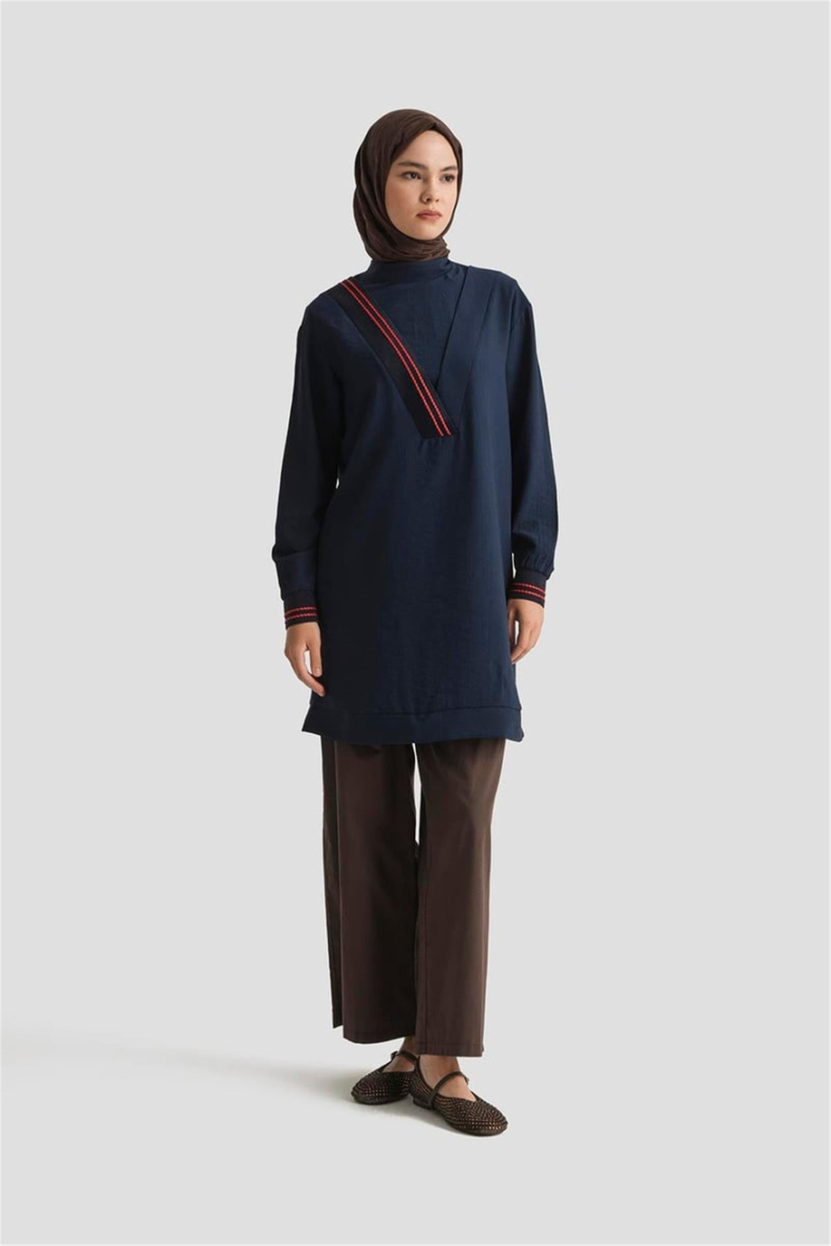 Çilek Kumaş Kolları Ribanalı Tunik Lacivert - 25YT4143