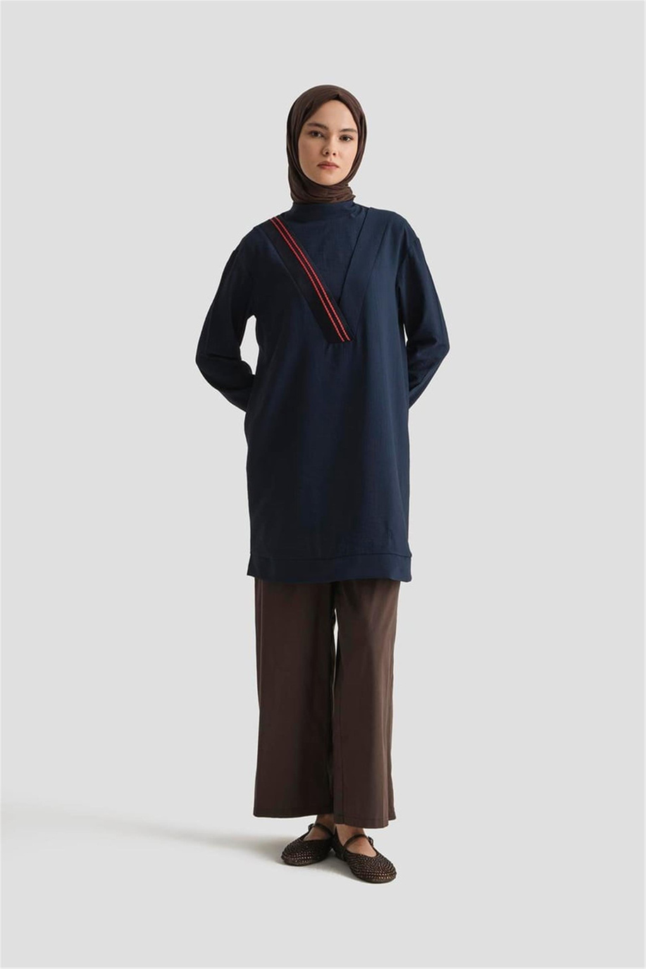 Çilek Kumaş Kolları Ribanalı Tunik Lacivert - 25YT4143