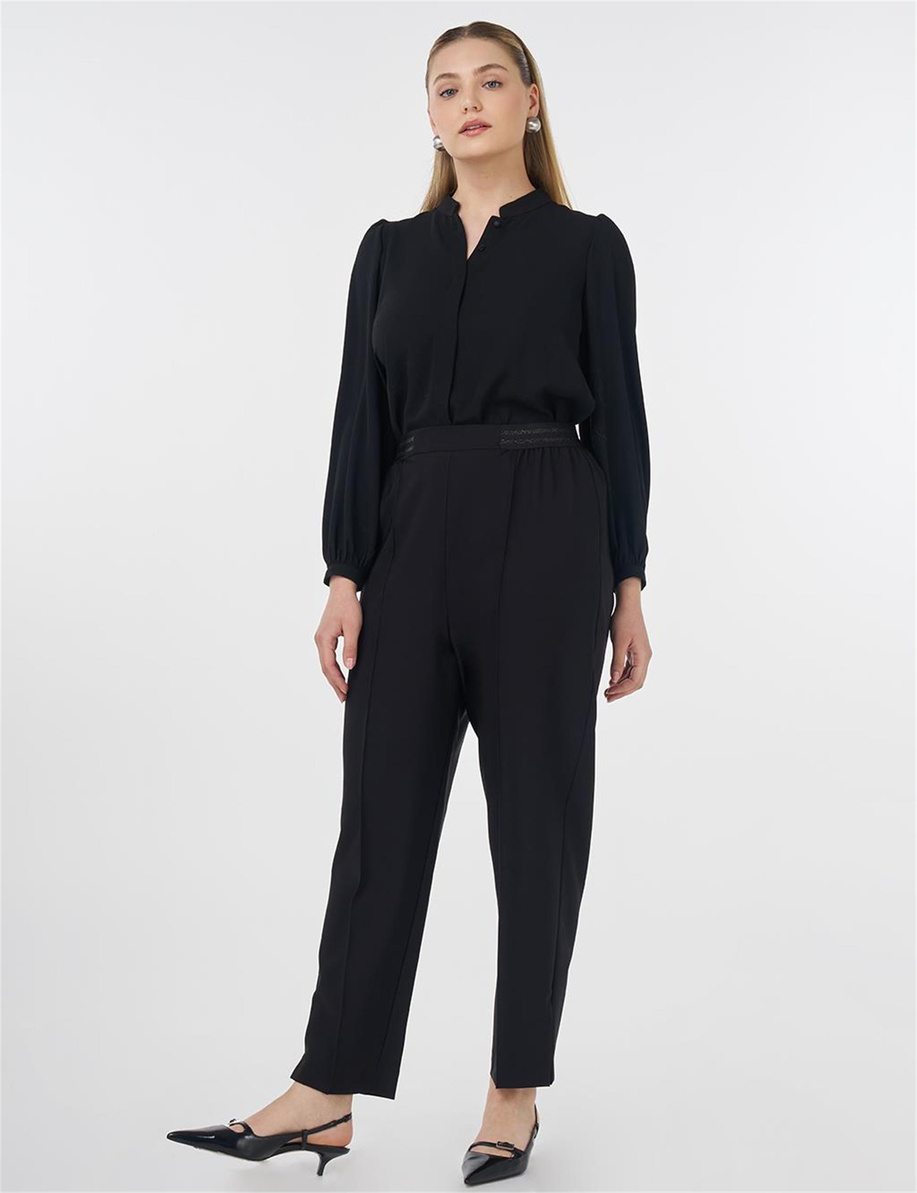 Çima Dikişli Yüksek Bel Pantolon Siyah