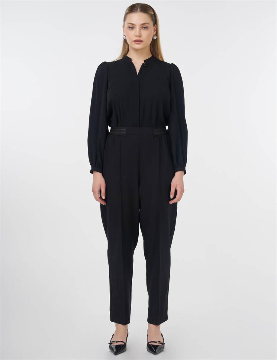 Çima Dikişli Yüksek Bel Pantolon Siyah