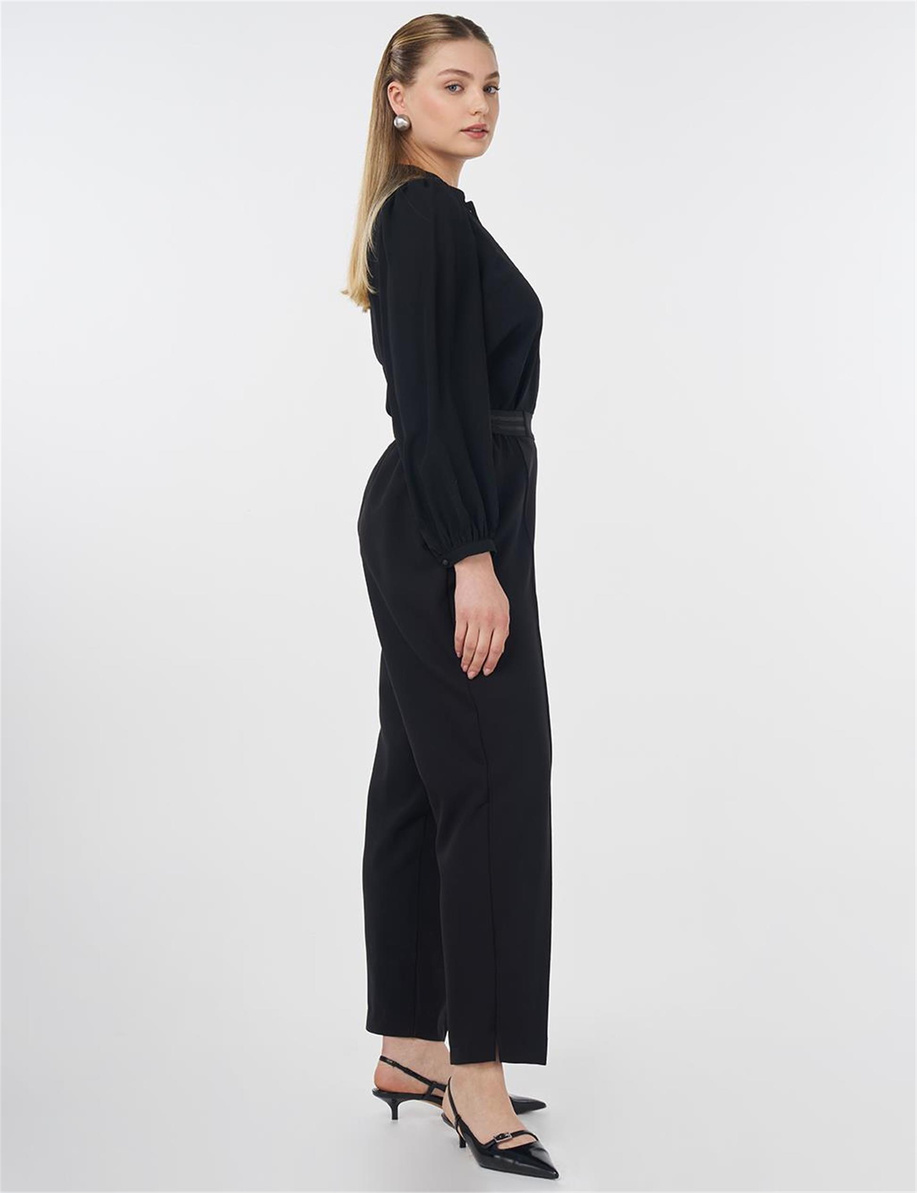 Çima Dikişli Yüksek Bel Pantolon Siyah