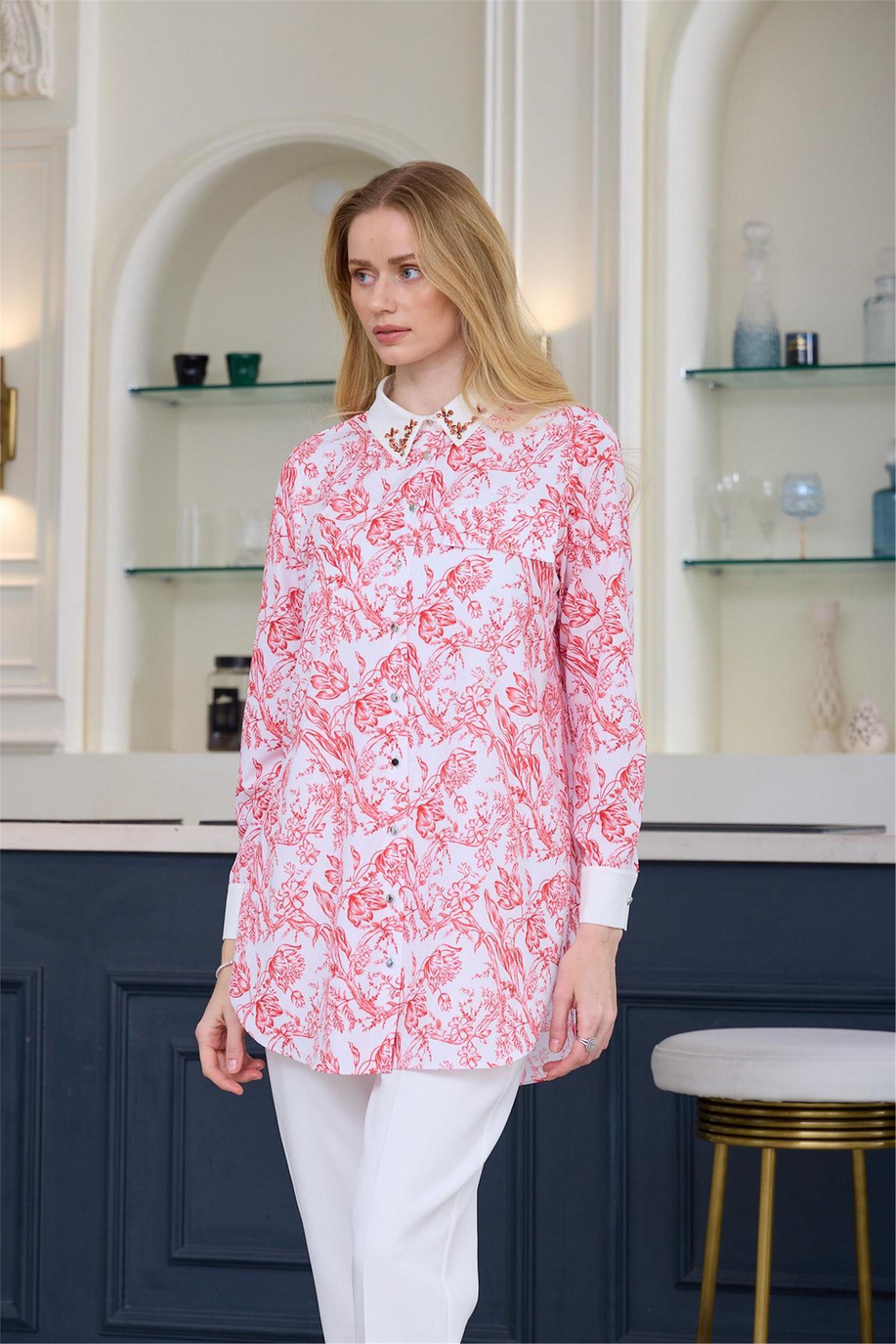 Çini Desenli Krep Mercan Gömlek