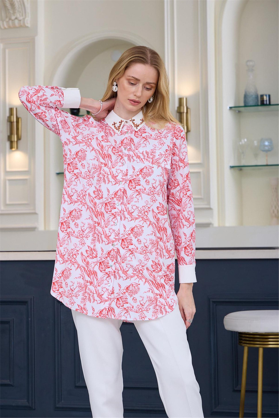 Çini Desenli Krep Mercan Gömlek