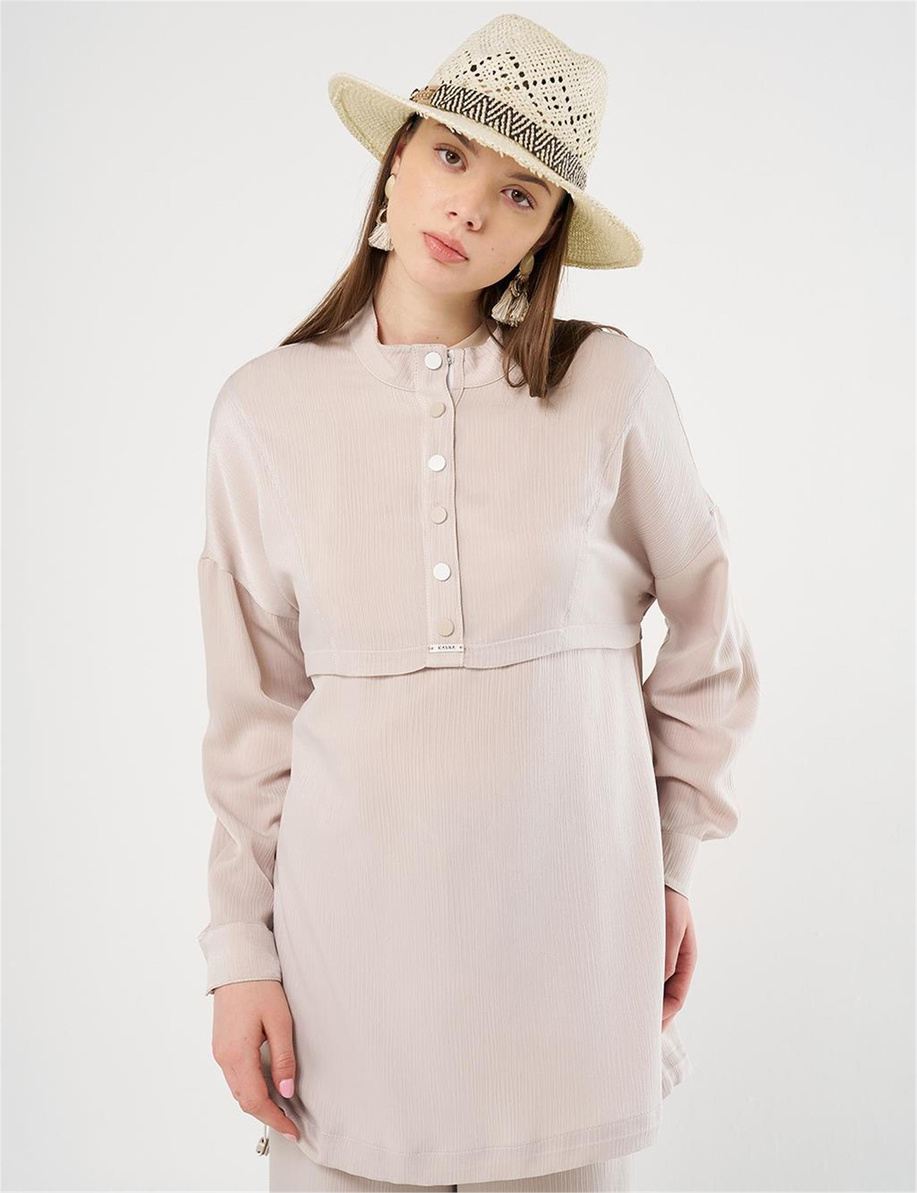 Çıt Çıt Kapamalı Dik Yaka Sweatshirt Taş