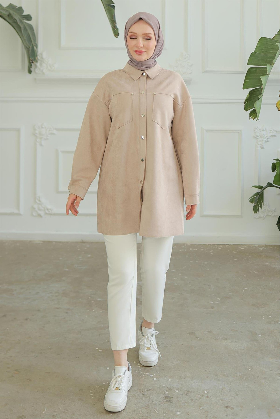 Çıt Çıtlı Gömlek Yakalı Latte Tunik