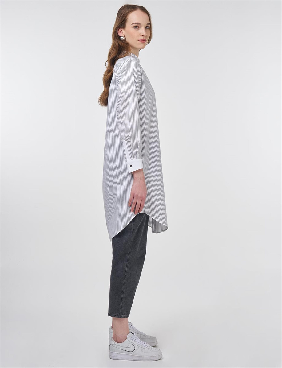 Çizgi Desen Hakim Yaka Tunik Siyah