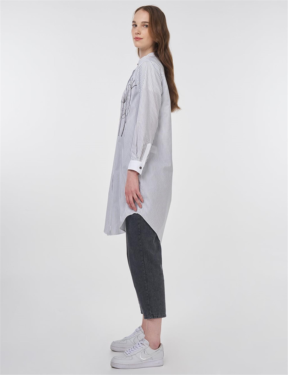 Çizgi Desen Hakim Yaka Tunik Siyah