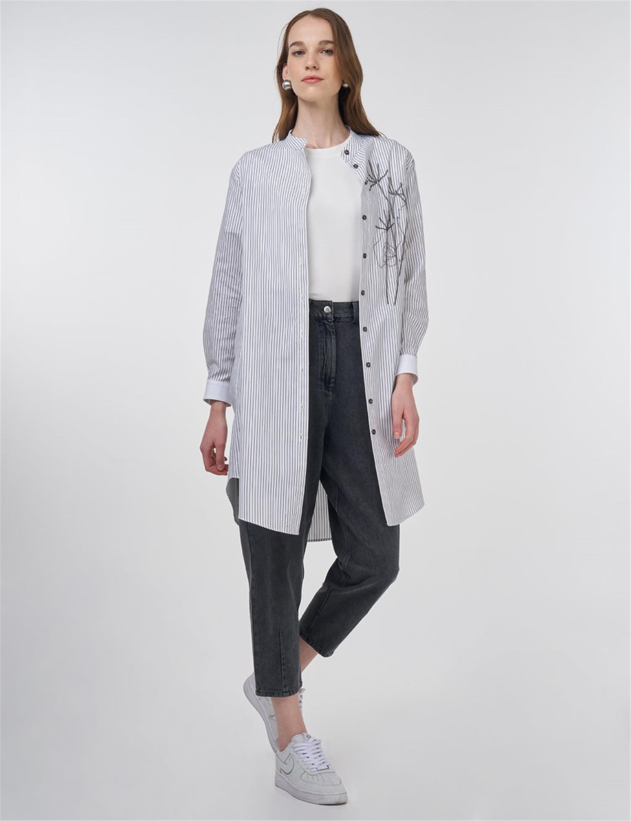 Çizgi Desen Hakim Yaka Tunik Siyah