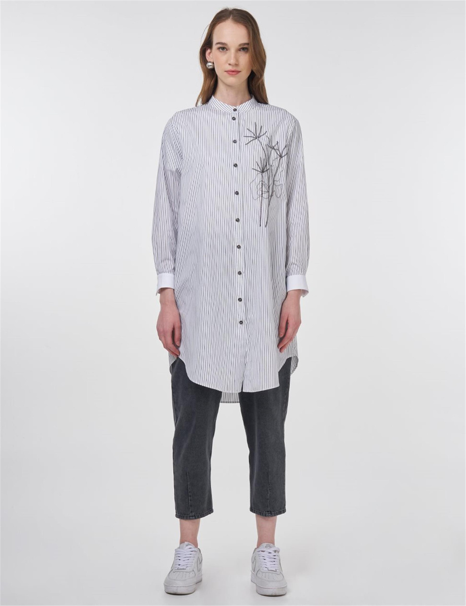 Çizgi Desen Hakim Yaka Tunik Siyah