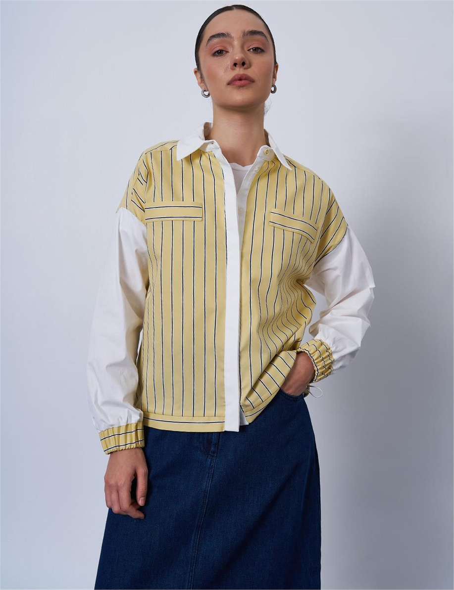 Çizgi Desen Pamuklu Sarı Bluz