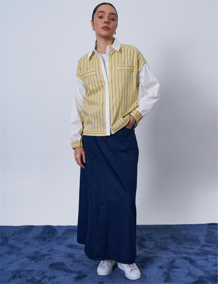 Çizgi Desen Pamuklu Sarı Bluz