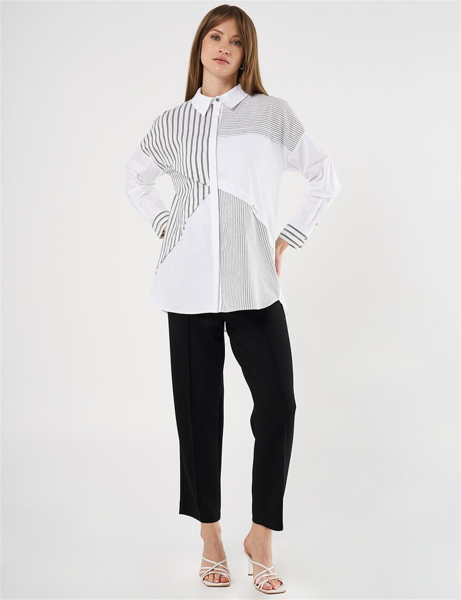 Çizgi Desen Poplin Tunik Siyah