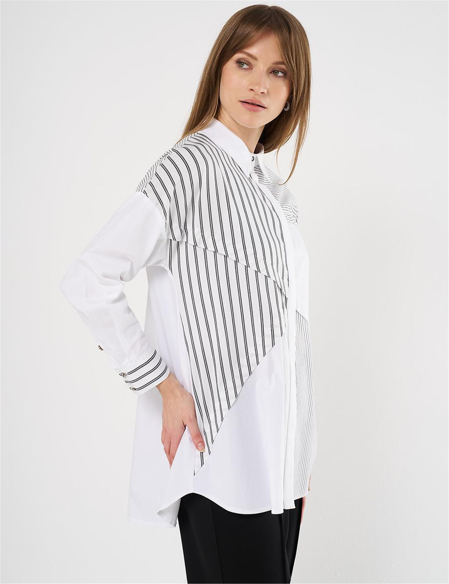 Çizgi Desen Poplin Tunik Siyah