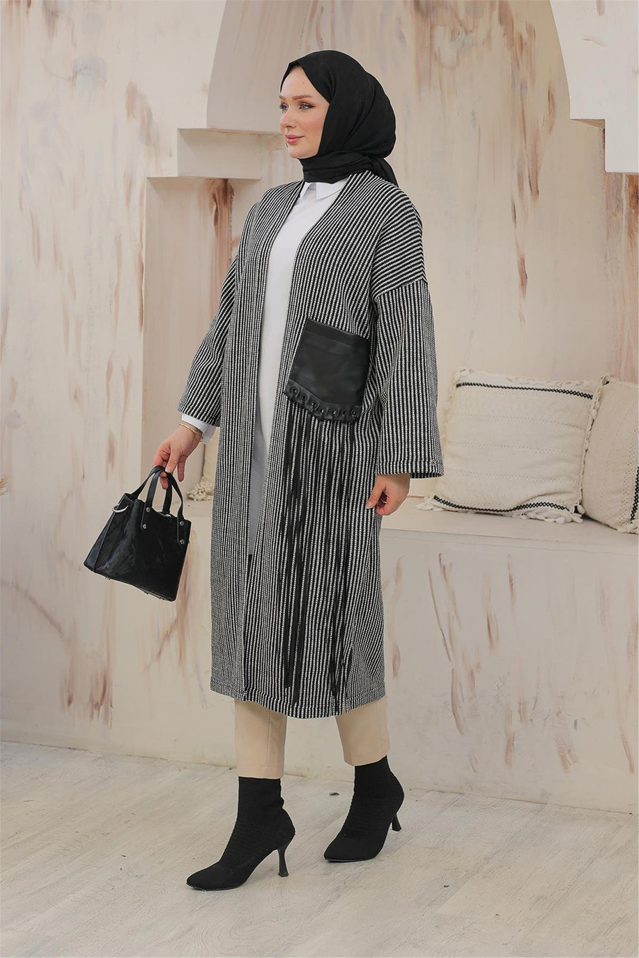 Çizgi Desenli Cepli Siyah Giy Çık