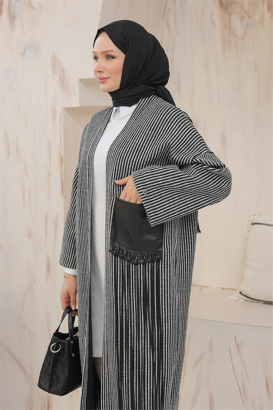 Çizgi Desenli Cepli Siyah Giy Çık