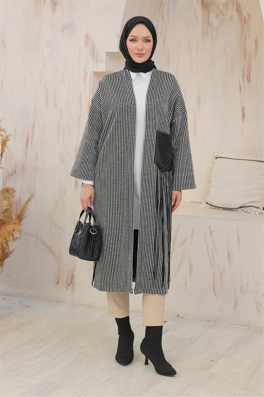 Çizgi Desenli Cepli Siyah Giy Çık