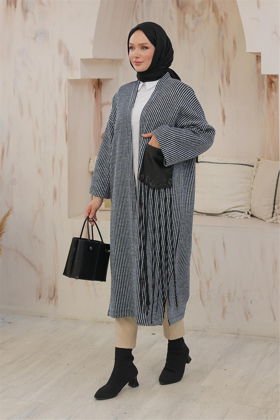 Çizgi Desenli Cepli Siyah Lacivert Giy Çık