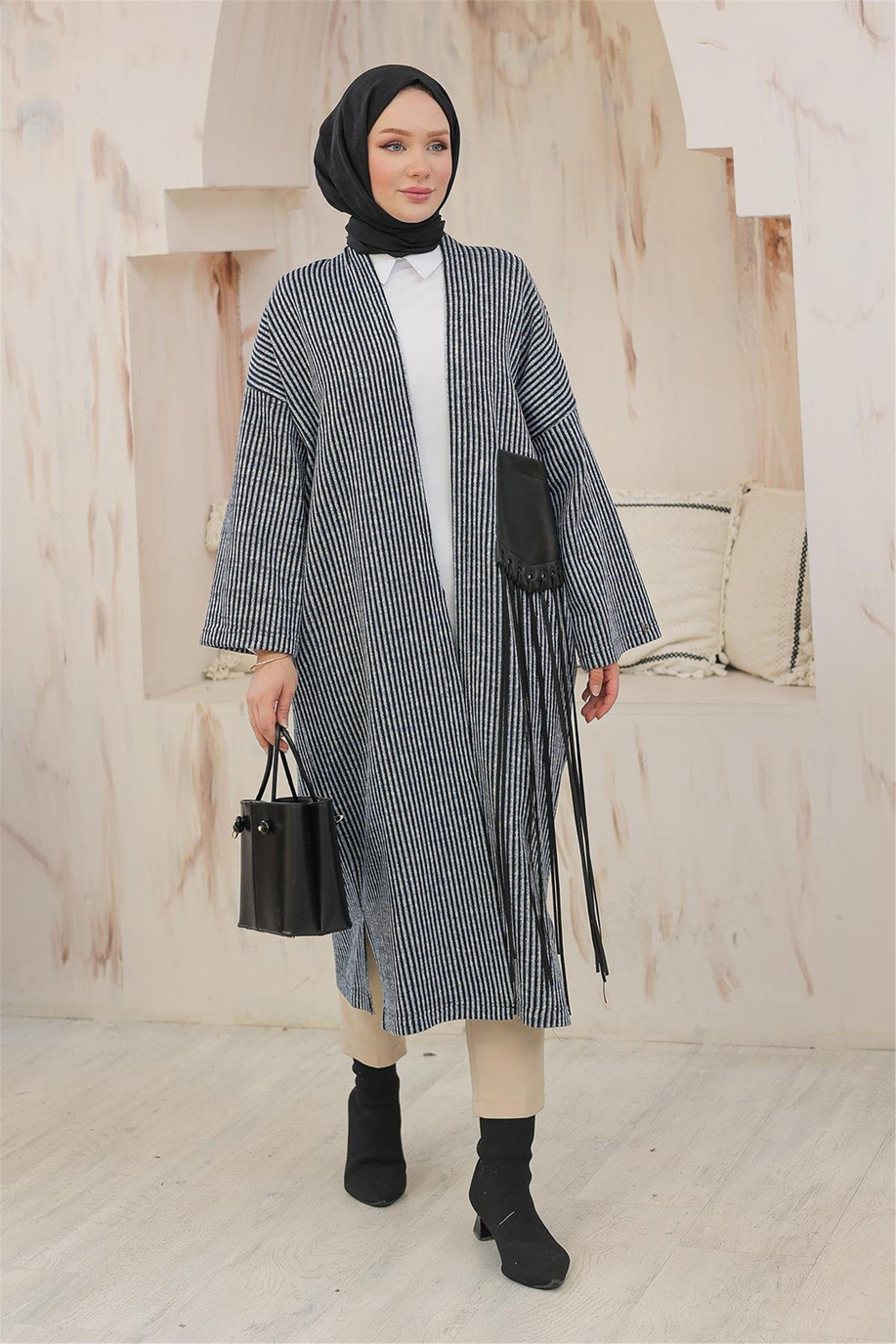 Çizgi Desenli Cepli Siyah Lacivert Giy Çık