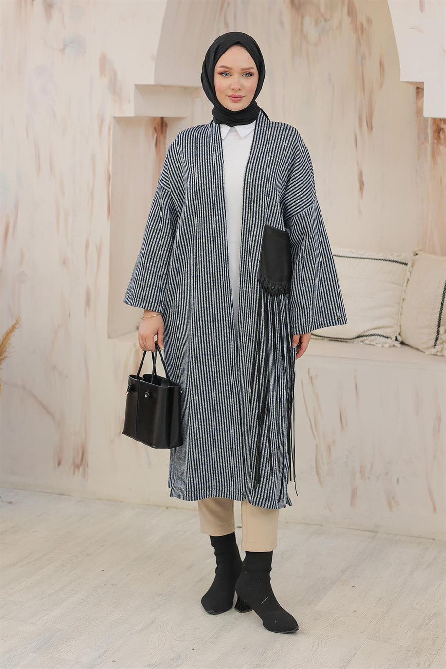 Çizgi Desenli Cepli Siyah Lacivert Giy Çık