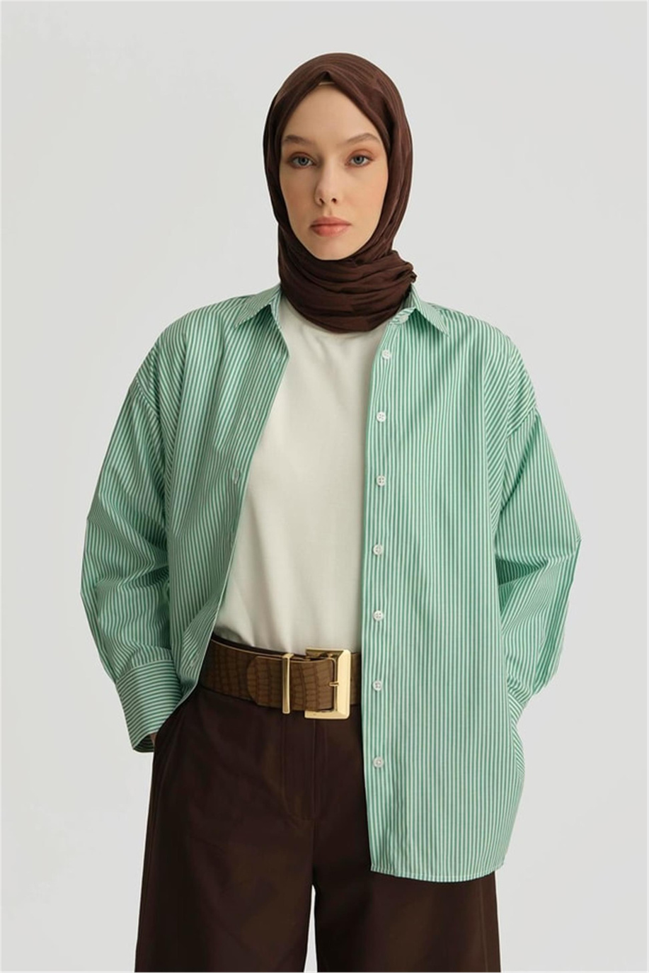 Çizgili Gömlek Yeşil - 25YH3666