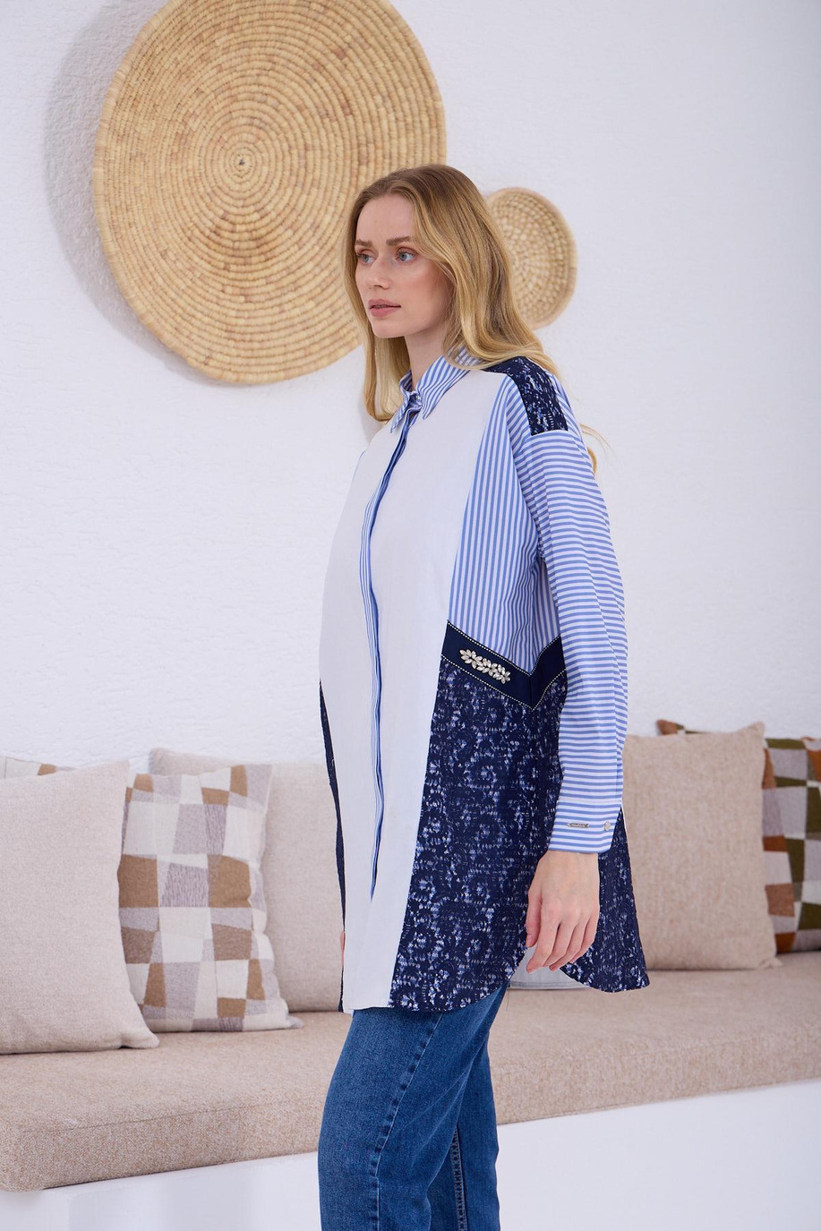 Dantel Detaylı Çizgili Mavi Gömlek