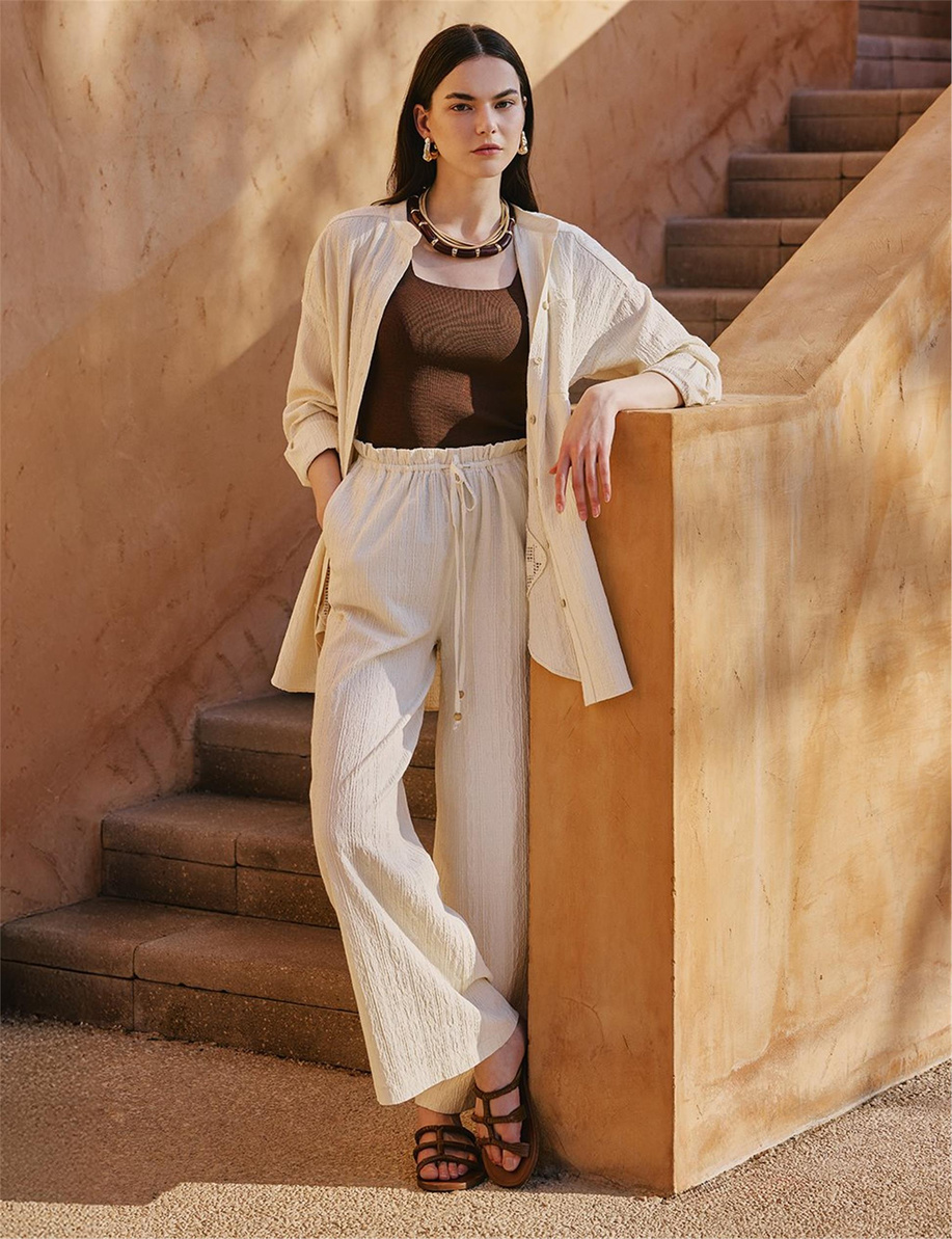 Dantel Garnili Gofreli Tunik Ekru - KA-B25-21184