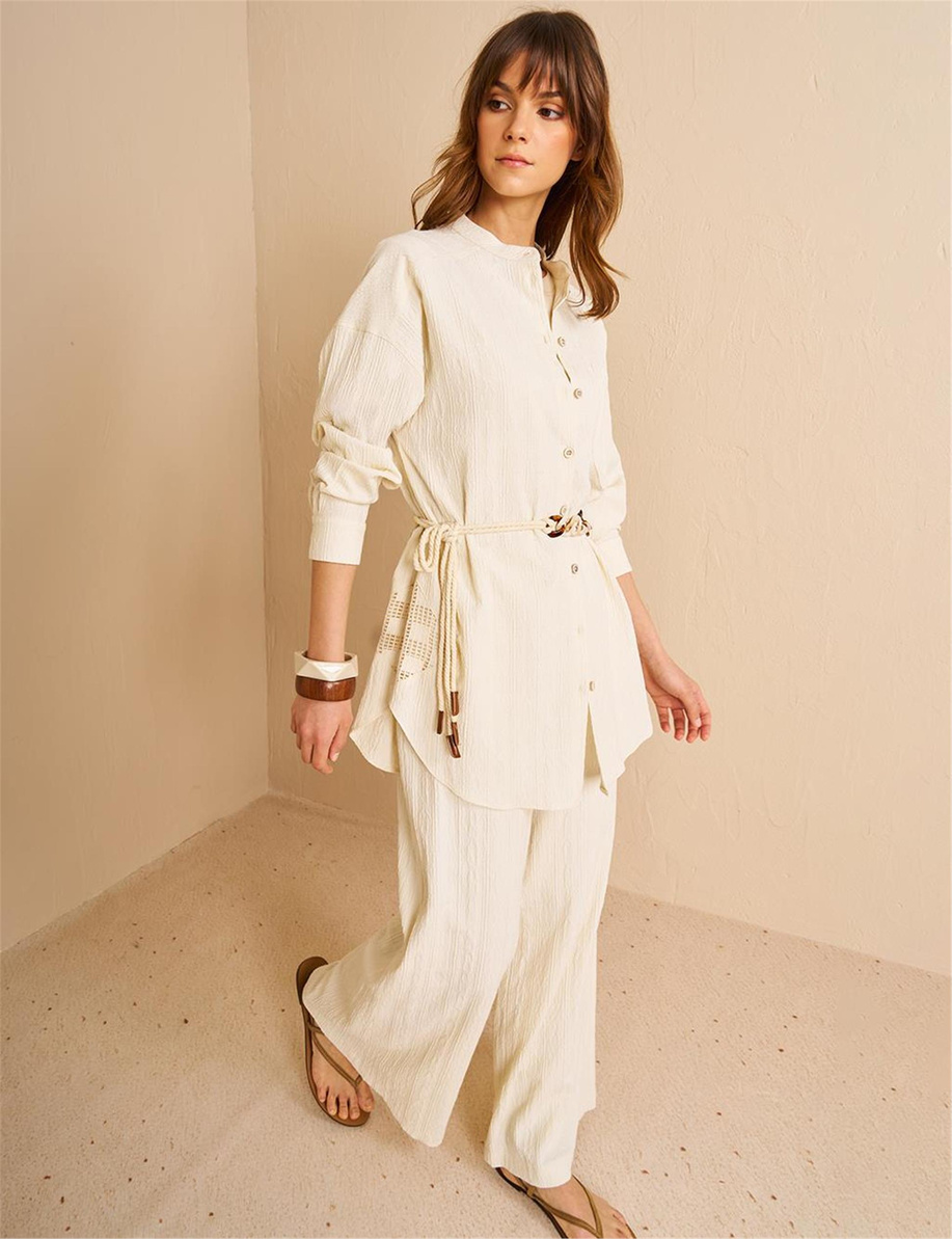 Dantel Garnili Gofreli Tunik Ekru - KA-B25-21184