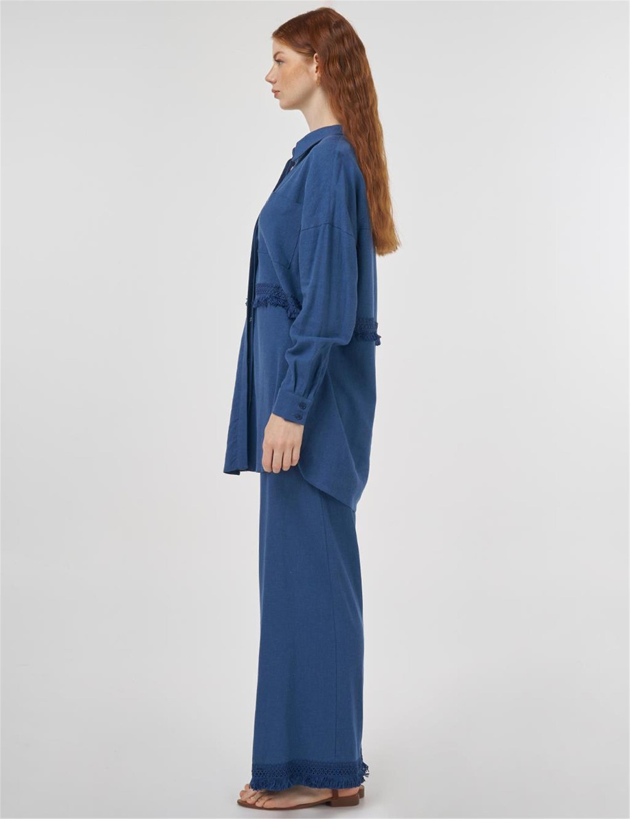 Dantel Garnili Keten Viskon İkili Takım İndigo