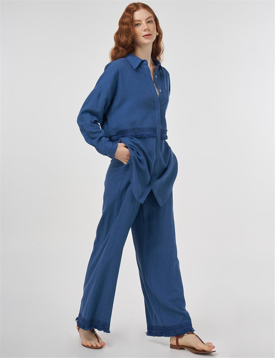 Dantel Garnili Keten Viskon İkili Takım İndigo